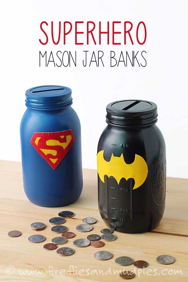 Duct Tape Crafts Ideas for DIY Home Decor, Fashion and Accessories | Mason Jar and Duct Tape Superhero Banks | DIY Projects for Teens #teencrafts #kidscrafts #ducttape #cheapcrafts /