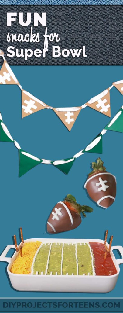 Fun Superbowl Snack Recipes and Ideas for Easy but Cool Party Food | How To Make Chocolate Covered Strawberry Footballs and Football Field 7 Layer Dip with Field Goal Pretzels | Fun and Easy Super Bowl Party Decor and Appetizers http://stage.diyprojectsforteens.com/super-bowl-snacks-recipes/