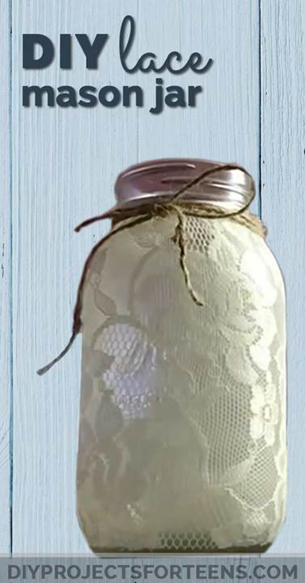 How To Make A Lace Mason Jar- Tutorial Video Shows you How to Make a DIY Mason Jar Covered in Lace and Modge Podge - Easy DIY Home Decor Ideas and Cool Projects for Teens
