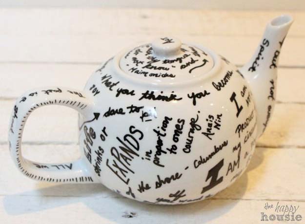 Sharpie Crafts For Teens, Kids and Adults - Sharpie art and quote teapot make a cool homemade gift for mom or dad - DIY Projects and Ideas with Sharpies Using Markers on Fabric, Glass, Mugs, T- Shirts, Plates, Paper - Creative Arts and Crafts Ideas for Room Decor, Gifts and Fun Fashion 