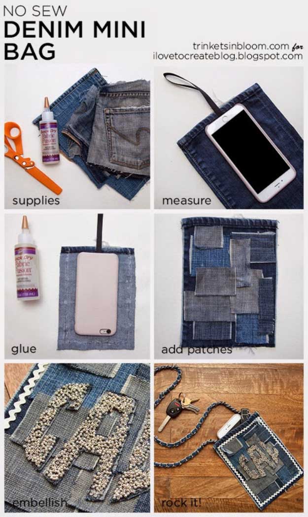 Cool Crafts You Can Make for Less than 5 Dollars | Cheap DIY Projects Ideas for Teens, Tweens, Kids and Adults | No Sew Denim Mini Bag #teencrafts #cheapcrafts #crafts/