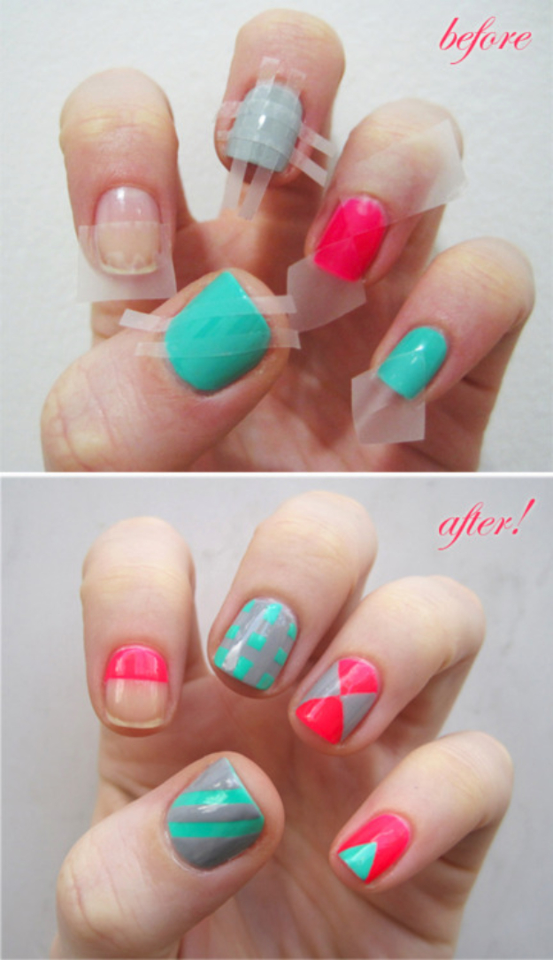 Cool Nail Art Ideas -Colorblock Nails With Scotch Tape- Easy Nail Art Tutorials - Fun and Easy DIY Nail Designs - Step By Step Tutorials and Instructions for Manicures at Home 