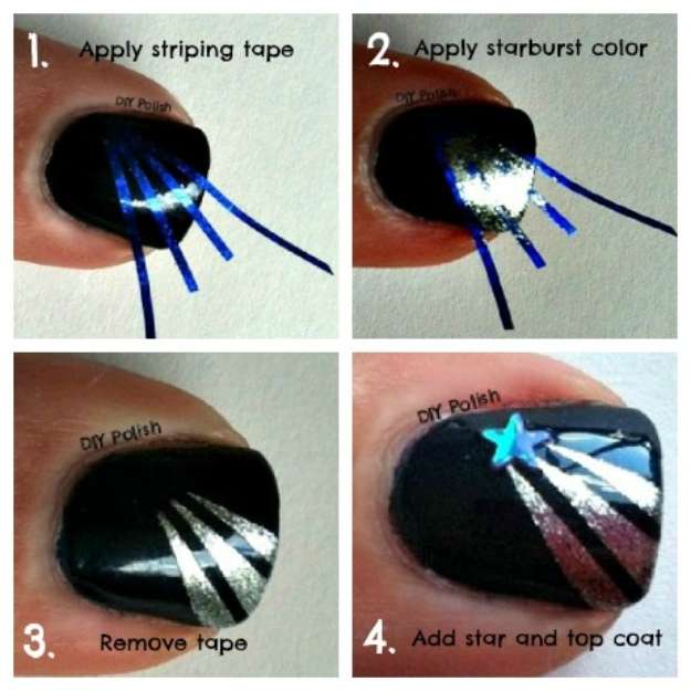 33 Cool Nail Art Ideas - Fun and Easy DIY Nail Designs - Step By Step Tutorials and Instructions for Manicures at Home - Scotch Tape Striped Manicure Nail Design Tutorial - Shooting Star Nail Design Tutorial