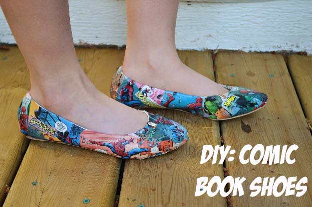 Cool DIY Fashion Ideas | Fun Do It Yourself Fashion projects | Learn how to refashion and sew jeans, T-shirts, skirts, and more | DIY Comic Book Shoes #diyideas #diyclothes #teencrafts