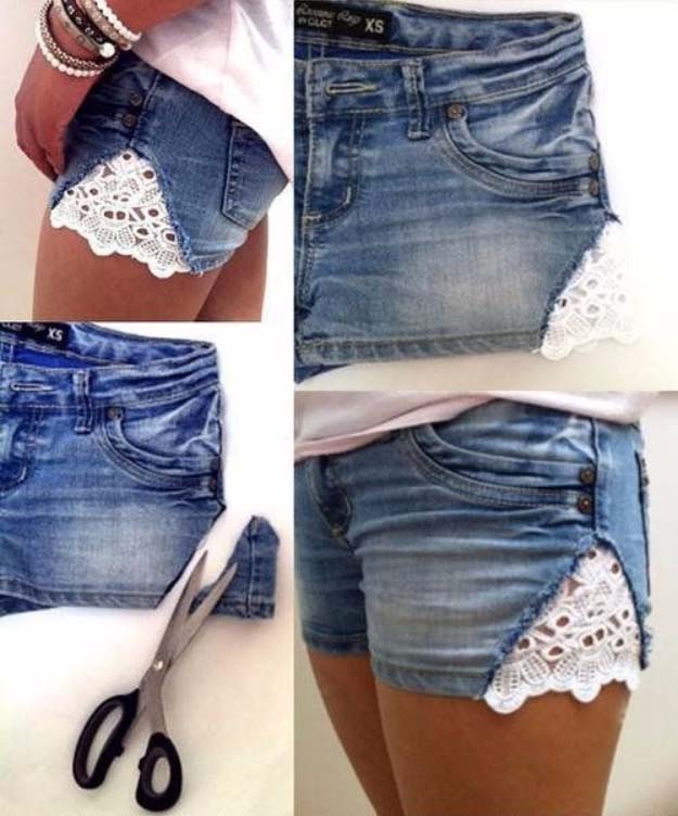 Cool DIY Fashion Ideas | Fun Do It Yourself Fashion projects | Learn how to refashion and sew jeans, T-shirts, skirts, and more | Denim Lace Inset Shorts #diyideas #diyclothes #teencrafts