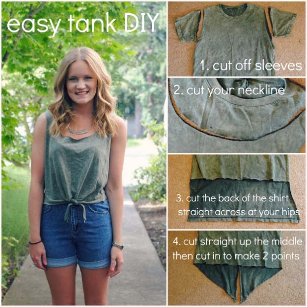 Cool DIY Fashion Ideas | Fun Do It Yourself Fashion projects | Learn how to refashion and sew jeans, T-shirts, skirts, and more | Front Knot Summer Tank #diyideas #diyclothes #teencrafts