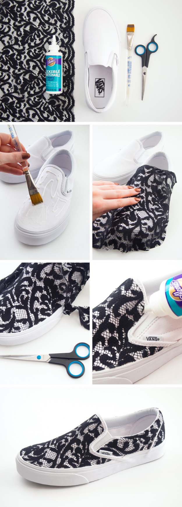 Cool DIY Fashion Ideas | Fun Do It Yourself Fashion projects | Learn how to refashion and sew jeans, T-shirts, skirts, and more | Lace Slip-on Sneakers #diyideas #diyclothes #teencrafts
