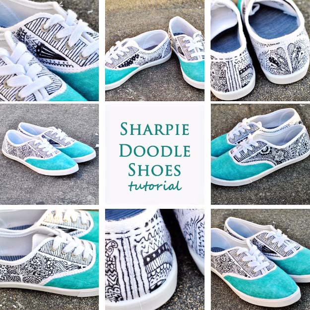 Cool DIY Fashion Ideas | Fun Do It Yourself Fashion projects | Learn how to refashion and sew jeans, T-shirts, skirts, and more | Sharpie Doodle Shoes #diyideas #diyclothes #teencrafts