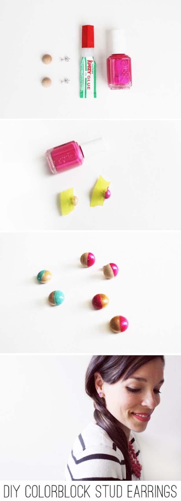 DIY Crafts Using Nail Polish - Fun, Cool, Easy and Cheap Craft Ideas for Girls, Teens, Tweens and Adults | Kate Spade Inspired Colorblock Stud Earrings