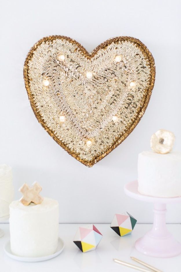 DIY Teen Room Decor Ideas for Girls | DIY Sequin Marquee Heart | Cool Bedroom Decor, Wall Art & Signs, Crafts, Bedding, Fun Do It Yourself Projects and Room Ideas for Small Spaces #diydecor #teendecor #roomdecor #teens #girlsroom
