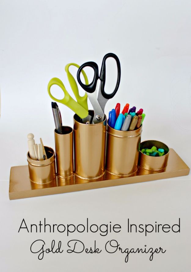 Anthropologie DIY Hacks, Clothes, Sewing Projects and Jewelry Fashion - Pillows, Bedding and Curtains - Tables and furniture - Mugs and Kitchen Decorations - DIY Room Decor and Cool Ideas for the Home | Anthropologie Inspired Gold Desk Organizer 