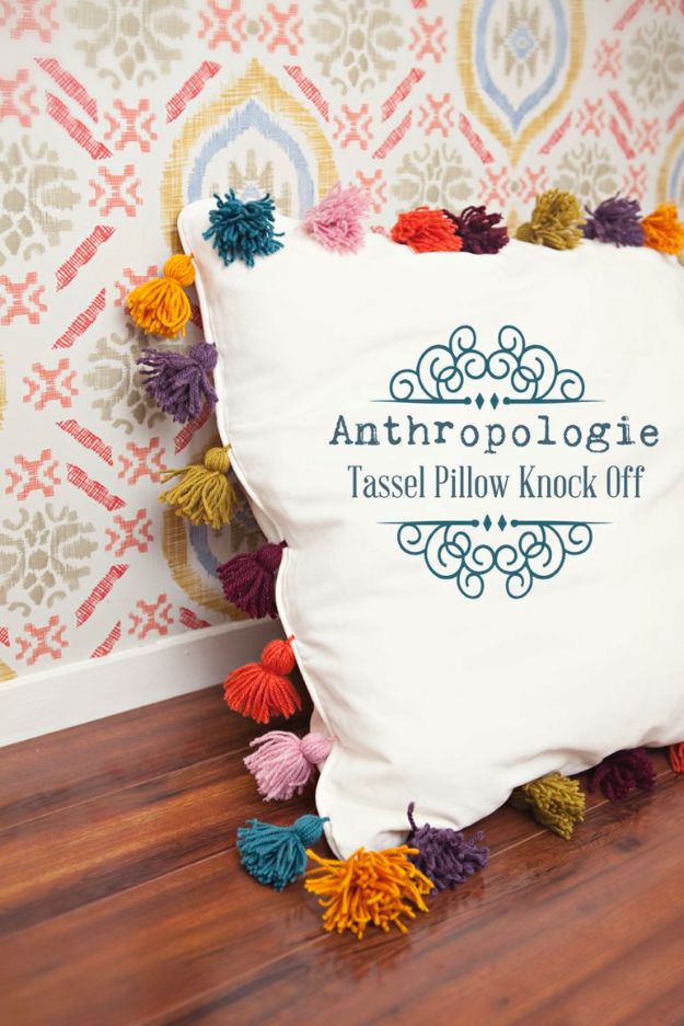 Anthropologie DIY Hacks, Clothes, Sewing Projects and Jewelry Fashion - Pillows, Bedding and Curtains - Tables and furniture - Mugs and Kitchen Decorations - DIY Room Decor and Cool Ideas for the Home | Anthropologie Tassel Pillow Knock Off | http://stage.diyprojectsforteens.com/diy-anthropologie-hacks