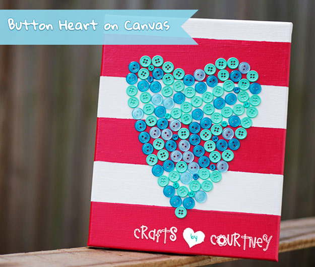 Cool DIY Ideas for Fun and Easy Crafts - DIY Button Heart Canvas Wall Art - Cute Homemade Gifts for Teen Girls - Awesome Pinterest DIYs that Are Not Impossible To Make - Creative Do It Yourself Craft Projects for Adults, Teens and Tweens #diyteens #teencrafts #funcrafts #fundiy #diyideas