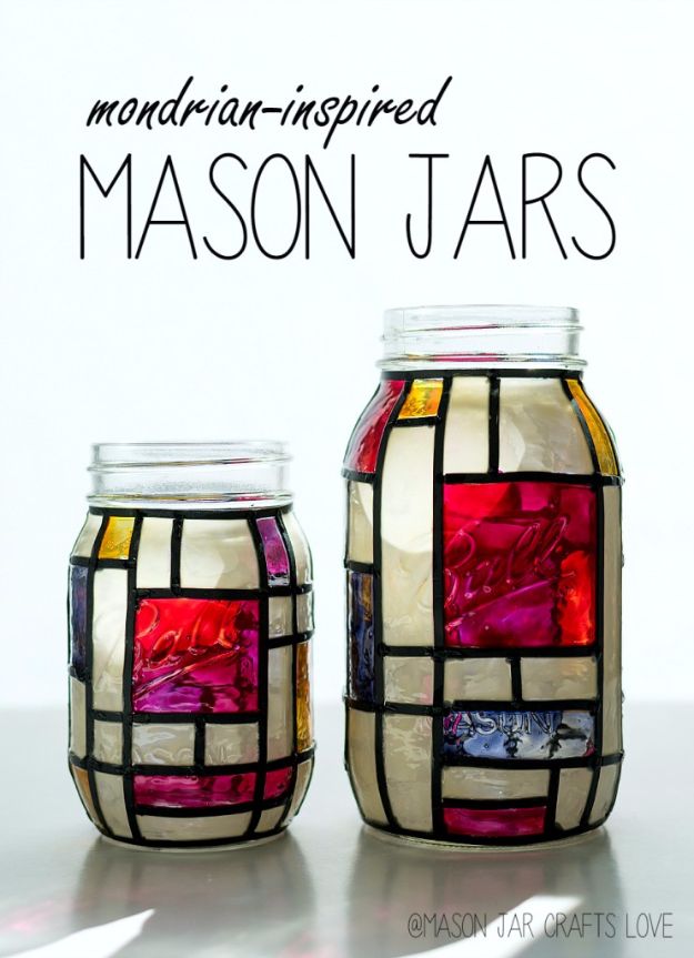 Cute DIY Mason Jar Ideas - Mondrian Inspired Mason Jars - Fun Crafts, Creative Room Decor, Homemade Gifts, Creative Home Decor Projects and DIY Mason Jar Lights - Cool Crafts for Teens and Tween Girls #diyideas #masonjarcrafts #teencrafts