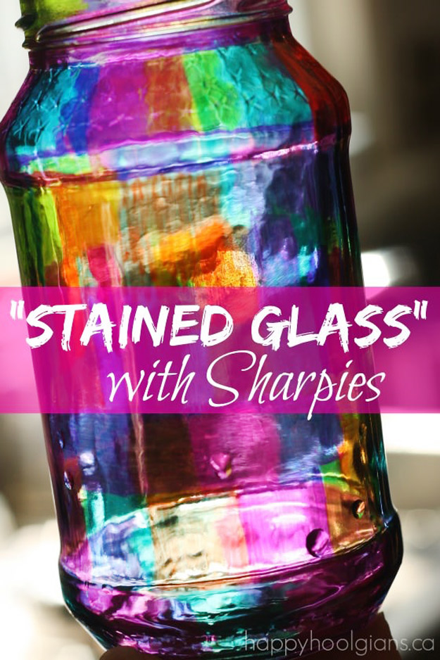 Cute DIY Mason Jar Ideas - Stained Glass with Sharpies - Fun Crafts, Creative Room Decor, Homemade Gifts, Creative Home Decor Projects and DIY Mason Jar Lights - Cool Crafts for Teens and Tween Girls #diyideas #masonjarcrafts #teencrafts 