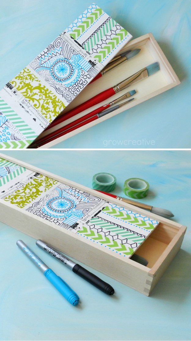 Washi Tape Crafts - Pretty Paintbrush Box - Wall Art, Frames, Cards, Pencils, Room Decor and DIY Gifts, Back To School Supplies - Creative, Fun Craft Ideas for Teens, Tweens and Teenagers - Step by Step Tutorials and Instructions #washitape #crafts #cheapcrafts #teencrafts