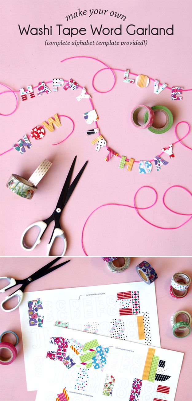 Washi Tape Crafts - Washi Tape Word Garland - Wall Art, Frames, Cards, Pencils, Room Decor and DIY Gifts, Back To School Supplies - Creative, Fun Craft Ideas for Teens, Tweens and Teenagers - Step by Step Tutorials and Instructions #washitape #crafts #cheapcrafts #teencrafts