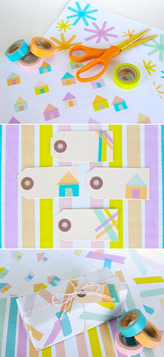 Washi Tape Crafts - DIY: Washi Tape Wrapping Paper - Wall Art, Frames, Cards, Pencils, Room Decor and DIY Gifts, Back To School Supplies - Creative, Fun Craft Ideas for Teens, Tweens and Teenagers - Step by Step Tutorials and Instructions #washitape #crafts #cheapcrafts #teencrafts
