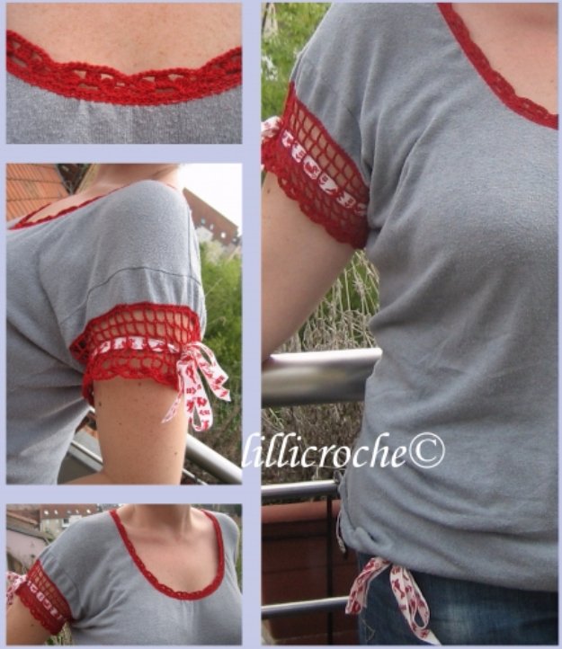 T-Shirt Makeovers - Crochet T-Shirt Makeover - Awesome Way to Upcycle Tees - Cool No Sew Tshirt Cutting Tutorials, Simple Summer Cutouts, How To Make Halter Tops and T-Shirt Dresses. Easy Tutorials and Instructions for Teens and Adults #tshircrafts #teenclothes #teenfashion #teendiy #teencrafts