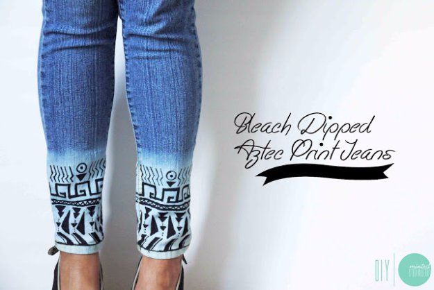 Jeans Makeovers - DIY Bleach Dipped Aztec Print Jeans - Easy Crafts and Tutorials to Refashion Your Jeans and Create Ripped, Distressed, Bleach, Lace Edge, Cut Off, Skinny, Shorts, and Painted Jeans Ideas #diyclothes #teenclothes #jeans #teencrafts #diyideas