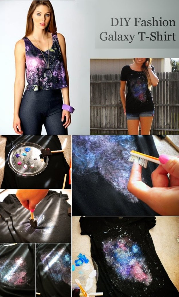 T-Shirt Makeovers - DIY Fashion Galaxy T-Shirt - Awesome Way to Upcycle Tees - Cool No Sew Tshirt Cutting Tutorials, Simple Summer Cutouts, How To Make Halter Tops and T-Shirt Dresses. Easy Tutorials and Instructions for Teens and Adults #tshircrafts #teenclothes #teenfashion #teendiy #teencrafts