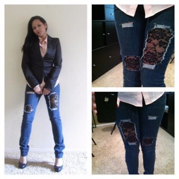 Jeans Makeovers - DIY Lace Jeans - Easy Crafts and Tutorials to Refashion Your Jeans and Create Ripped, Distressed, Bleach, Lace Edge, Cut Off, Skinny, Shorts, and Painted Jeans Ideas #diyclothes #teenclothes #jeans #teencrafts #diyideas