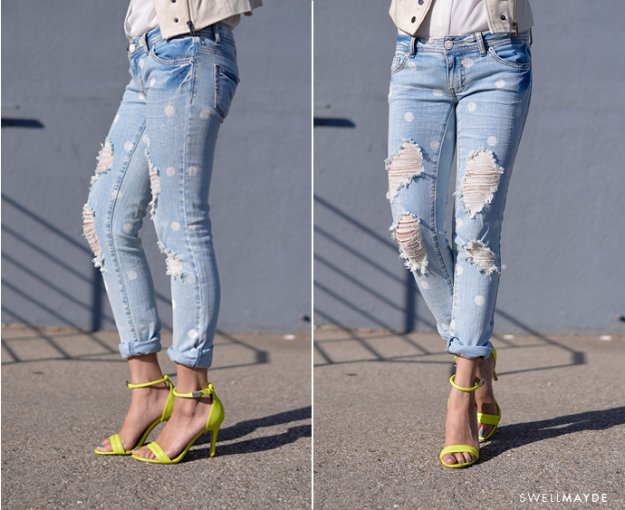 Jeans Makeovers - DIY Marc Jacobs Inspired Distressed Polka Dot Denim - Easy Crafts and Tutorials to Refashion Your Jeans and Create Ripped, Distressed, Bleach, Lace Edge, Cut Off, Skinny, Shorts, and Painted Jeans Ideas #diyclothes #teenclothes #jeans #teencrafts #diyideas