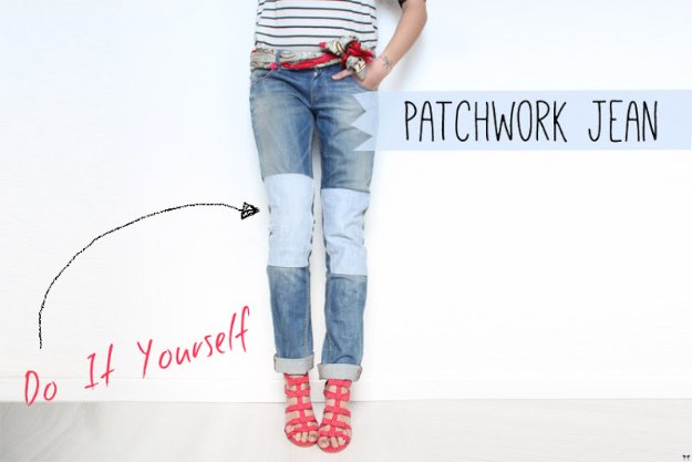 Jeans Makeovers - DIY Patchwork Jean - Easy Crafts and Tutorials to Refashion Your Jeans and Create Ripped, Distressed, Bleach, Lace Edge, Cut Off, Skinny, Shorts, and Painted Jeans Ideas #diyclothes #teenclothes #jeans #teencrafts #diyideas