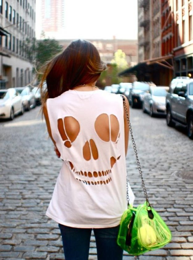 T-Shirt Makeovers - DIY Skull T-Shirt - Awesome Way to Upcycle Tees - Cool No Sew Tshirt Cutting Tutorials, Simple Summer Cutouts, How To Make Halter Tops and T-Shirt Dresses. Easy Tutorials and Instructions for Teens and Adults #tshircrafts #teenclothes #teenfashion #teendiy #teencrafts