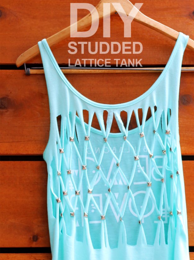 T-Shirt Makeovers - DIY Studded Lattice Tank Top From a T--Shirt - Awesome Way to Upcycle Tees - Cool No Sew Tshirt Cutting Tutorials, Simple Summer Cutouts, How To Make Halter Tops and T-Shirt Dresses. Easy Tutorials and Instructions for Teens and Adults #tshircrafts #teenclothes #teenfashion #teendiy #teencrafts
