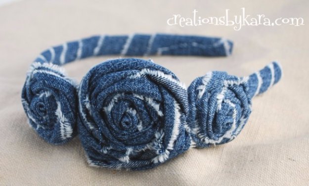  DIY Crafts with Old Denim Jeans -Denim Rosette Headband Tutorial - Cool Projects and Fashion You Can Make With Old Jeans - Fun Crafts for Teens and Adults, Inexpensive Ones!