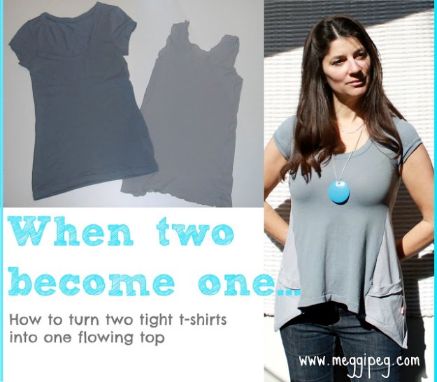 T-Shirt Makeovers - Refashion Two T-Shirts Into One Flowing Top - Awesome Way to Upcycle Tees - Cool No Sew Tshirt Cutting Tutorials, Simple Summer Cutouts, How To Make Halter Tops and T-Shirt Dresses. Easy Tutorials and Instructions for Teens and Adults #tshircrafts #teenclothes #teenfashion #teendiy #teencrafts