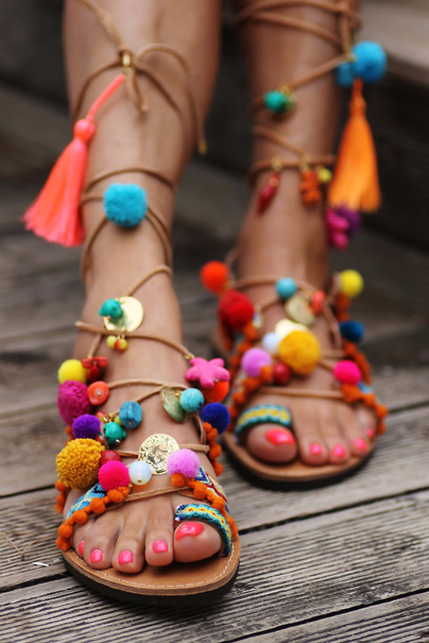 DIY Shoe Makeovers - Boho Chic Gladiator Sandals - Cool Ways to Update, Decorate, Paint, Bedazle and Add Sparkle to Your Flats, Pumps, Tennis Shoes, Boots and Boring Shoes - Cool Crafts and DIY Shoe Ideas for Teens and Adults 
