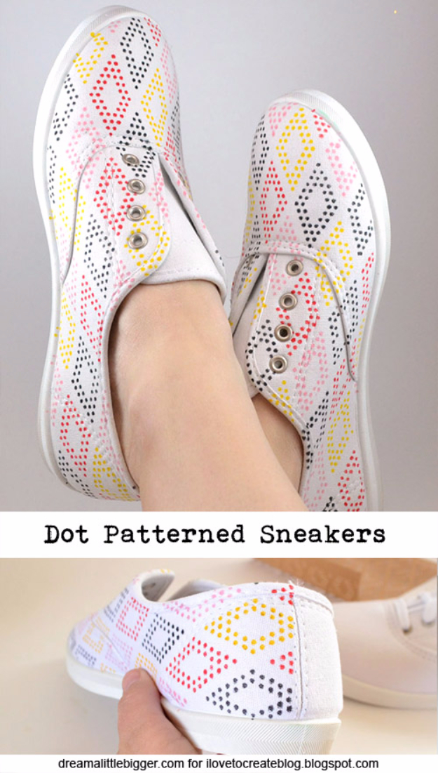 DIY Shoe Makeovers - DIY Dot Patterned Sneakers - Cool Ways to Update, Decorate, Paint, Bedazle and Add Sparkle to Your Flats, Pumps, Tennis Shoes, Boots and Boring Shoes - Cool Crafts and DIY Shoe Ideas for Teens and Adults 