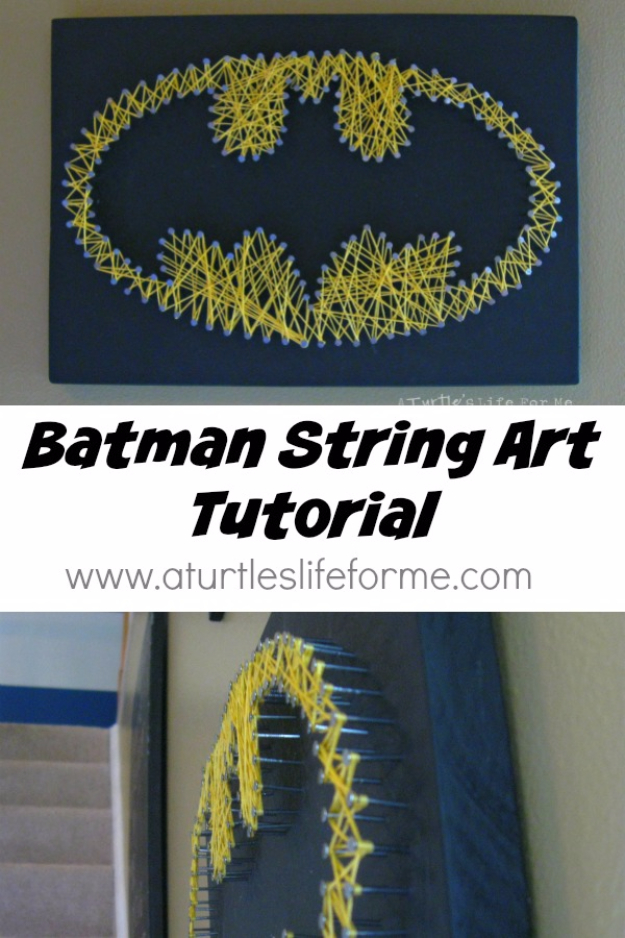 DIY String Art Projects - Batman String Art Tutorial - Cool, Fun and Easy Letters, Patterns and Wall Art Tutorials for String Art - How to Make Names, Words, Hearts and State Art for Room Decor and DIY Gifts - fun Crafts and DIY Ideas for Teens and Adults #diyideas #stringart #teencrafts #crafts