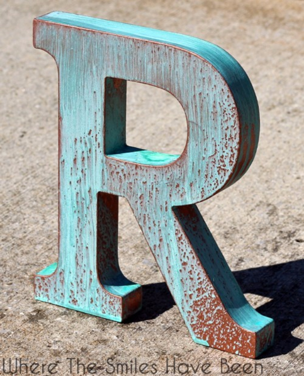DIY Wall Letters and Initals Wall Art - DIY Faux Copper Letter Aged With Blue Patina - Cool Architectural Letter Projects for Living Room Decor, Bedroom Ideas. Girl or Boy Nursery. Paint, Glitter, String Art, Easy Cardboard and Rustic Wooden Ideas 