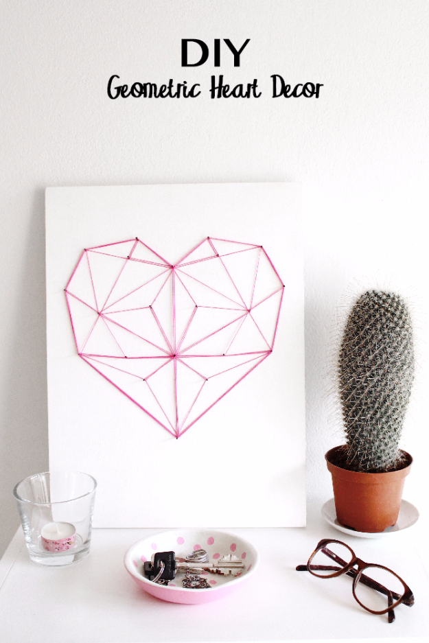 DIY String Art Projects - DIY Geometric String Heart - Cool, Fun and Easy Letters, Patterns and Wall Art Tutorials for String Art - How to Make Names, Words, Hearts and State Art for Room Decor and DIY Gifts - fun Crafts and DIY Ideas for Teens and Adults #diyideas #stringart #teencrafts #crafts