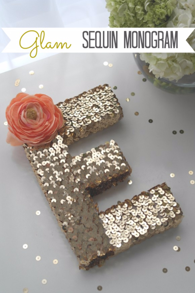 DIY Wall Letters and Initals Wall Art - Glam Sequin Monogram - Cool Architectural Letter Projects for Living Room Decor, Bedroom Ideas. Girl or Boy Nursery. Paint, Glitter, String Art, Easy Cardboard and Rustic Wooden Ideas 