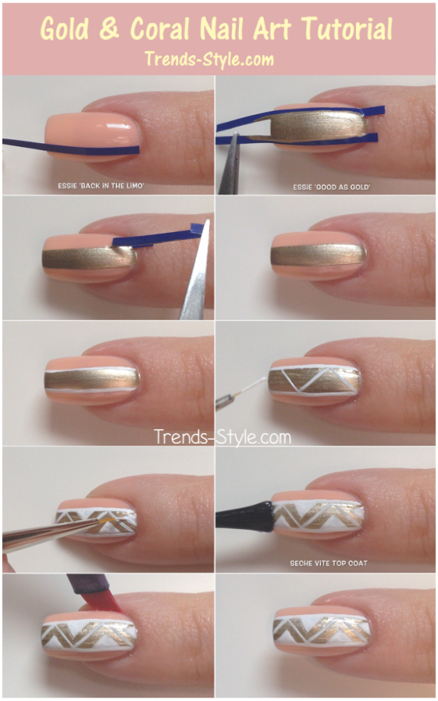 Awesome Nail Art Patterns And Ideas - Gold And Coral Nail Tutorial - Step by Step DIY Nail Design Tutorials for Simple Art, Tribal Prints, Best Black and White Manicures. Easy and Fun Colors, Shapes and Designs for Your Nails 