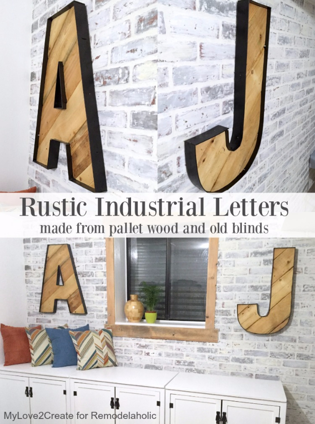 DIY Wall Letters and Initals Wall Art - Rustic Industrial Letters From Wood Pallet Blinds - Cool Architectural Letter Projects for Living Room Decor, Bedroom Ideas. Girl or Boy Nursery. Paint, Glitter, String Art, Easy Cardboard and Rustic Wooden Ideas 