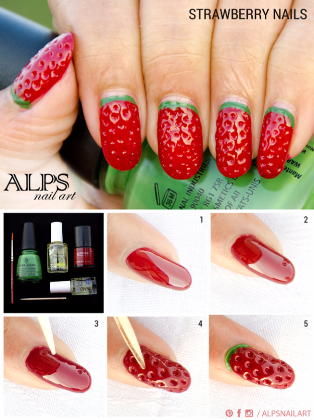 Awesome Nail Art Patterns And Ideas - Strawberry Nails - Step by Step DIY Nail Design Tutorials for Simple Art, Tribal Prints, Best Black and White Manicures. Easy and Fun Colors, Shapes and Designs for Your Nails 