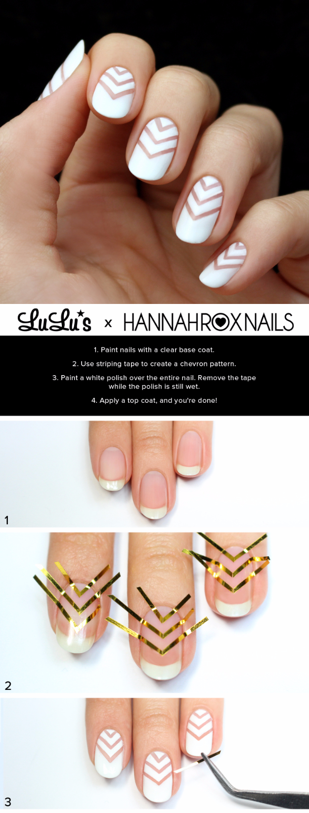 Awesome Nail Art Patterns And Ideas - White Chevron Negative Space Tutorial - Step by Step DIY Nail Design Tutorials for Simple Art, Tribal Prints, Best Black and White Manicures. Easy and Fun Colors, Shapes and Designs for Your Nails 