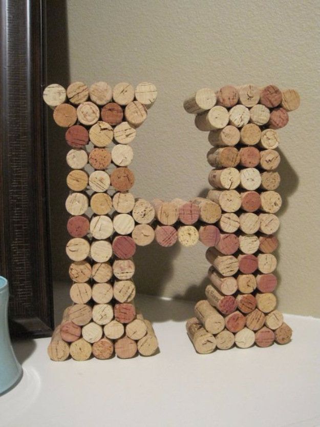 DIY Wall Letters and Initals Wall Art - Wine Cork Letters - Cool Architectural Letter Projects for Living Room Decor, Bedroom Ideas. Girl or Boy Nursery. Paint, Glitter, String Art, Easy Cardboard and Rustic Wooden Ideas 