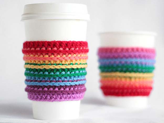 Best DIY Rainbow Crafts Ideas - Crochet Rainbow Cup Cozy - Fun DIY Projects With Rainbows Make Cool Room and Wall Decor, Party and Gift Ideas, Clothes, Jewelry and Hair Accessories - Awesome Ideas and Step by Step Tutorials for Teens and Adults, Girls and Tweens 