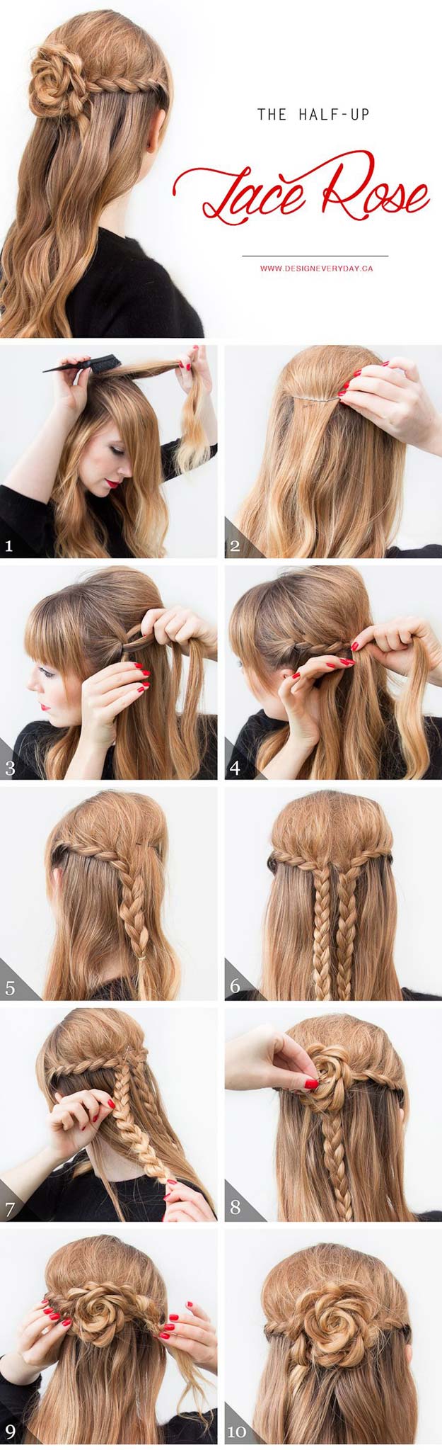 Cool and Easy DIY Hairstyles - The Half Up Lace Rose - Quick and Easy Ideas for Back to School Styles for Medium, Short and Long Hair - Fun Tips and Best Step by Step Tutorials for Teens, Prom, Weddings, Special Occasions and Work. Up dos, Braids, Top Knots and Buns, Super Summer Looks #hairstyles #hair #teens #easyhairstyles #diy #beauty