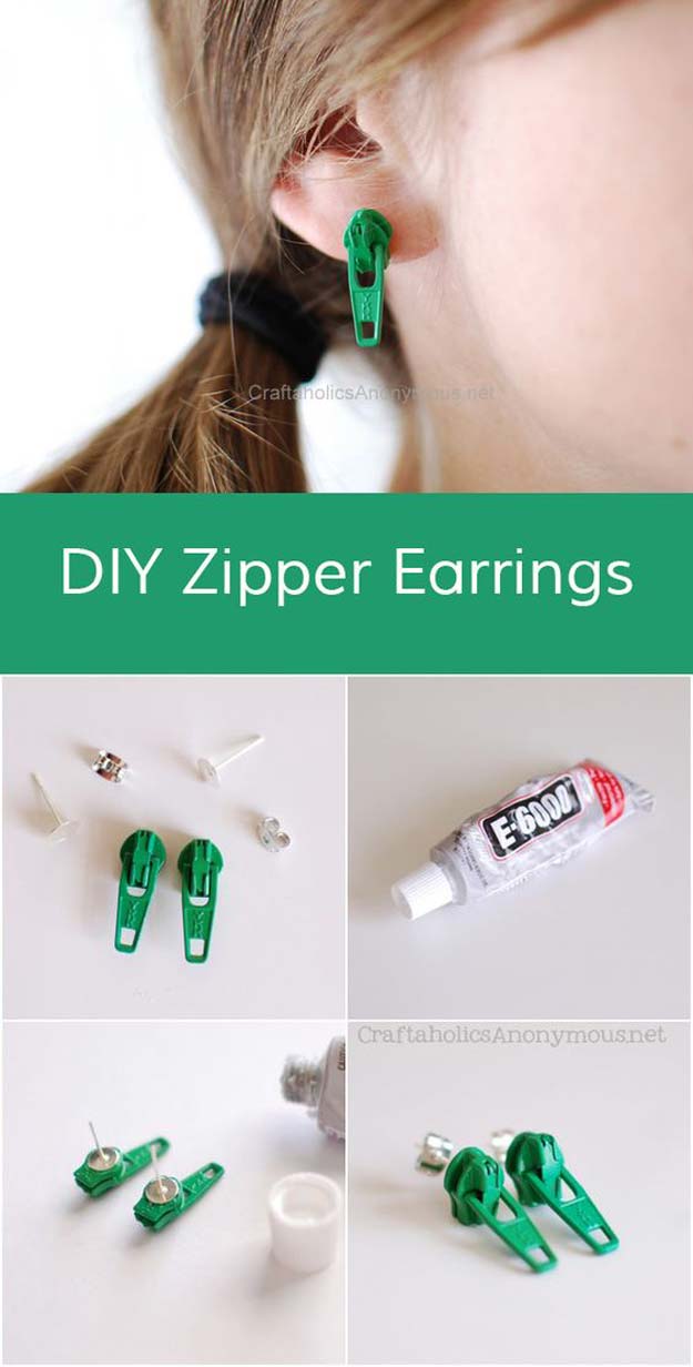 DIY Earrings and Homemade Jewelry Projects - Zipper Earring - Easy Studs, Ideas with Beads, Dangle Earring Tutorials, Wire, Feather, Simple Boho, Handmade Earring Cuff, Hoops and Cute Ideas for Teens and Adults #diygifts #diyteens #teengifts #teencrafts #diyearrings