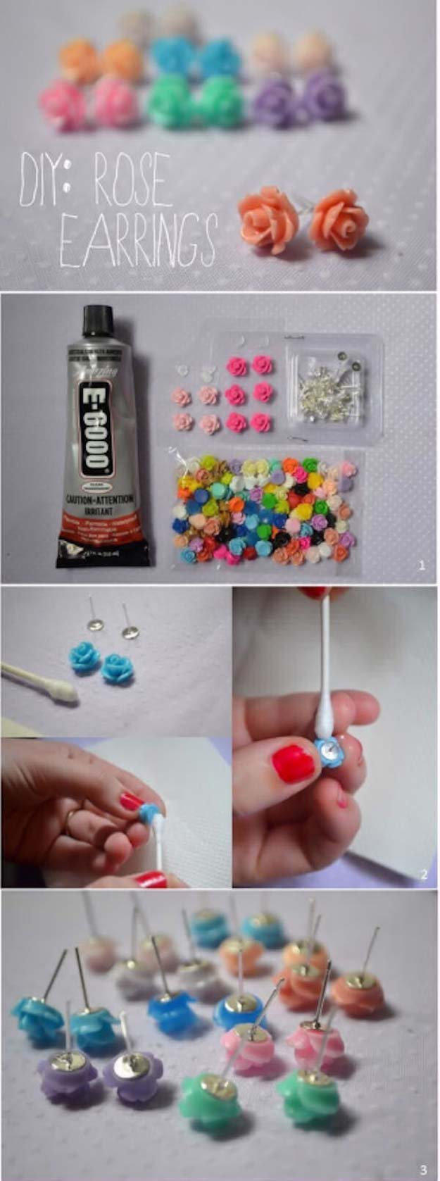 DIY Earrings and Homemade Jewelry Projects - Rose Earrings - Easy Studs, Ideas with Beads, Dangle Earring Tutorials, Wire, Feather, Simple Boho, Handmade Earring Cuff, Hoops and Cute Ideas for Teens and Adults #diygifts #diyteens #teengifts #teencrafts #diyearrings