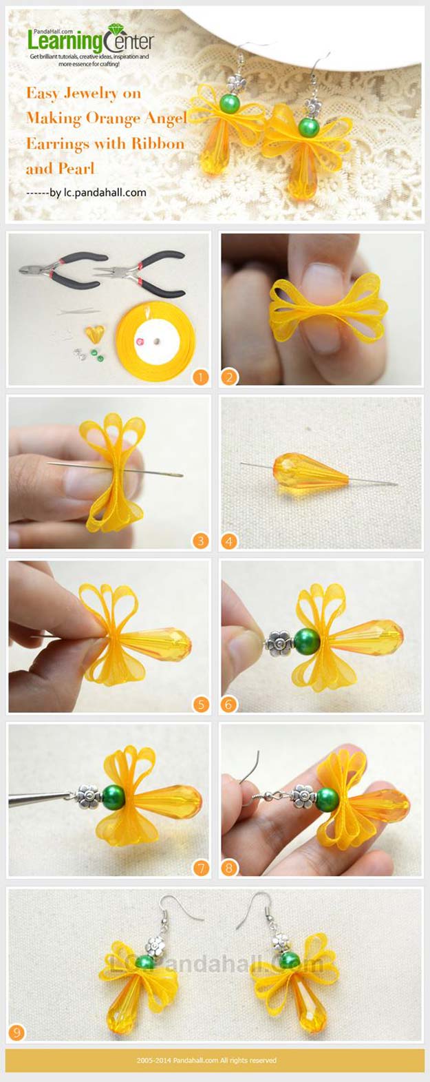 DIY Earrings and Homemade Jewelry Projects - Orange Angel Earrings with Ribbon and Pearl - Easy Studs, Ideas with Beads, Dangle Earring Tutorials, Wire, Feather, Simple Boho, Handmade Earring Cuff, Hoops and Cute Ideas for Teens and Adults #diygifts #diyteens #teengifts #teencrafts #diyearrings