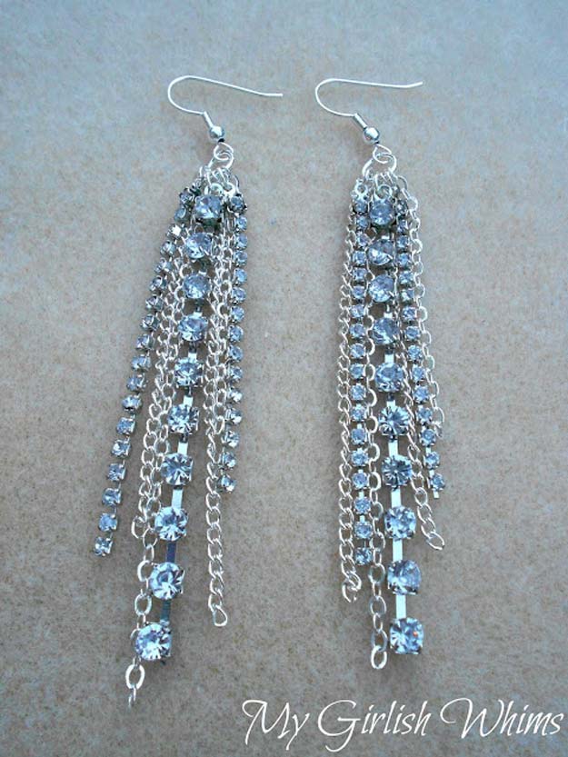 DIY Earrings and Homemade Jewelry Projects - Rhinestone Chain Earrings - Easy Studs, Ideas with Beads, Dangle Earring Tutorials, Wire, Feather, Simple Boho, Handmade Earring Cuff, Hoops and Cute Ideas for Teens and Adults #diygifts #diyteens #teengifts #teencrafts #diyearrings