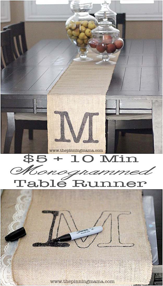 DIY Monogram Projects and Crafts Ideas -Easy Monogrammed Table Runner- Letters, Wall Art, Mason Jar Ideas, Printables, Stickers, Embroidery Tutorials, Home and Room Decor, Pillows, Shirts and Fashion Tutorials - Fun and Cool Ideas for Teens, Tweens and Adults Make Great DIY Gifts 